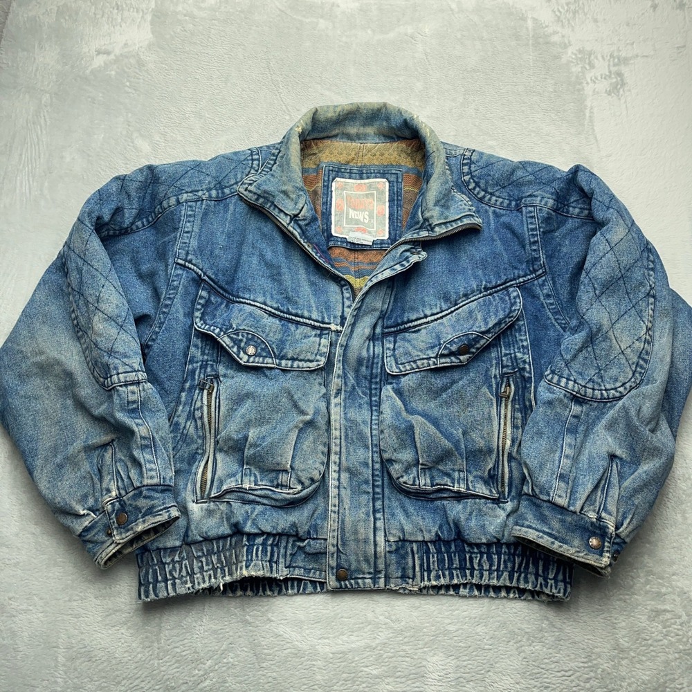 Vintage TODAYS NEWS Denim Bomber Jacket Womens XL Blue Aztec Lined Heavy Weight